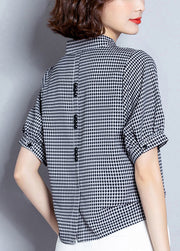 Organic Black V Neck Plaid Chiffon Shirt Lantern Sleeve