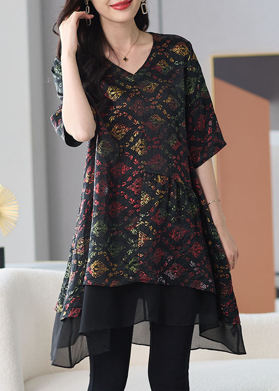 Organic Black V Neck Print Patchwork Chiffon Shirts Summer