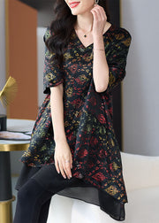 Organic Black V Neck Print Patchwork Chiffon Shirts Summer