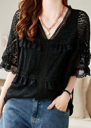 Organic Black V Neck Ruffled Embroideried Patchwork Lace Blouse Summer