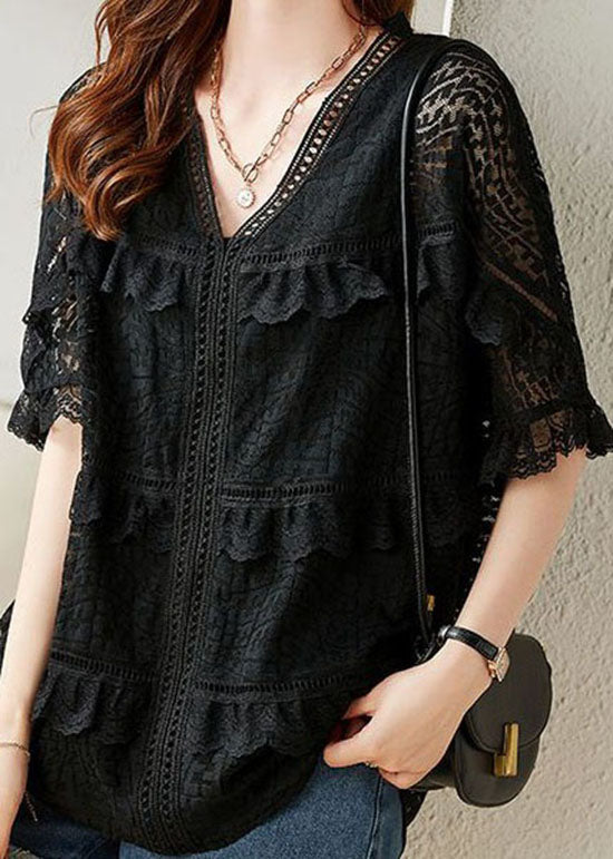 Organic Black V Neck Ruffled Embroideried Patchwork Lace Blouse Summer