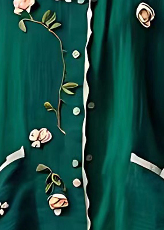 Organic Blackish Green Stand Collar Floral Low High Design Shirt Fall