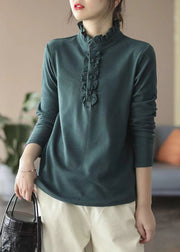 Organic Blackish Green Stand Collar Ruffled Cotton Shirt Tops Spring