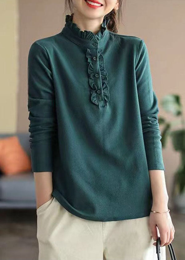 Organic Blackish Green Stand Collar Ruffled Cotton Shirt Tops Spring