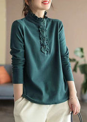 Organic Blackish Green Stand Collar Ruffled Cotton Shirt Tops Spring