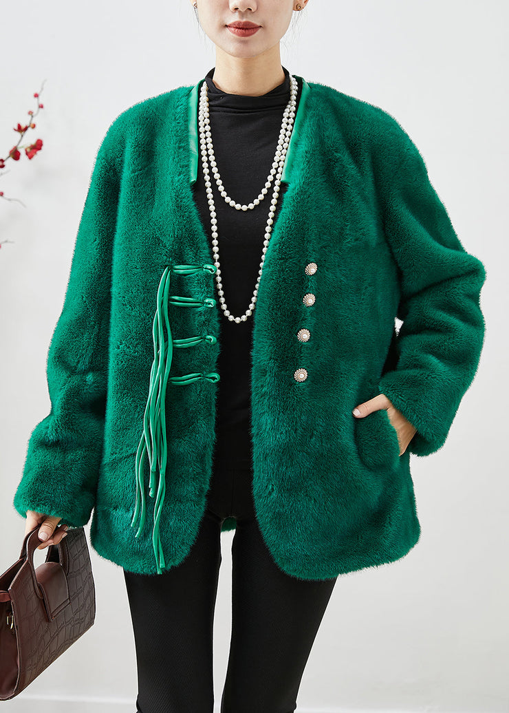 Organic Blackish Green Tasseled Mink Velvet Coat Outwear Winter