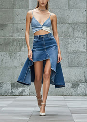 Organic Blue Asymmetrical Patchwork Denim Skirts Fall