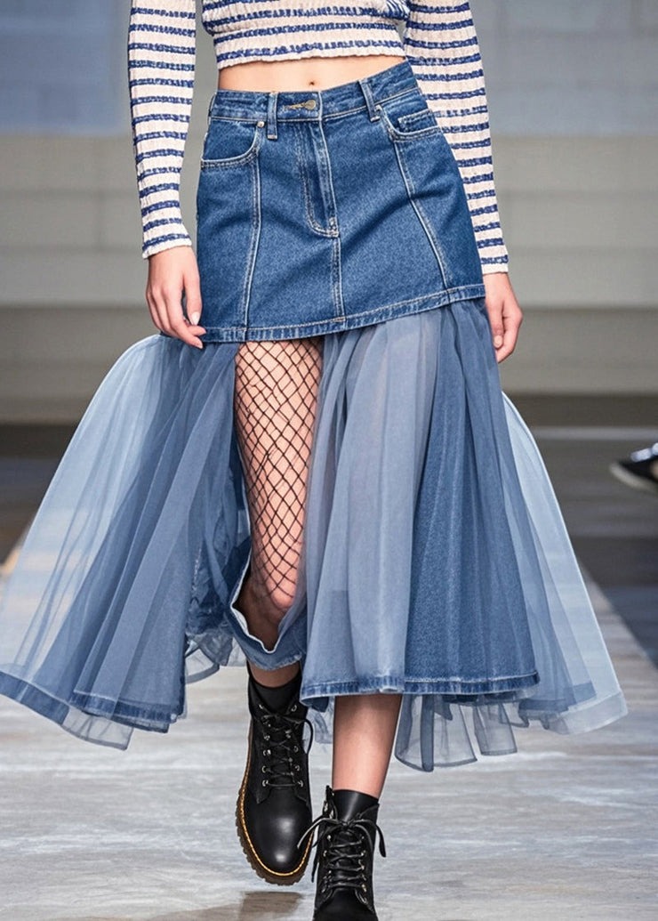 Organic Blue Asymmetrical Patchwork Tulle Denim Skirts Summer