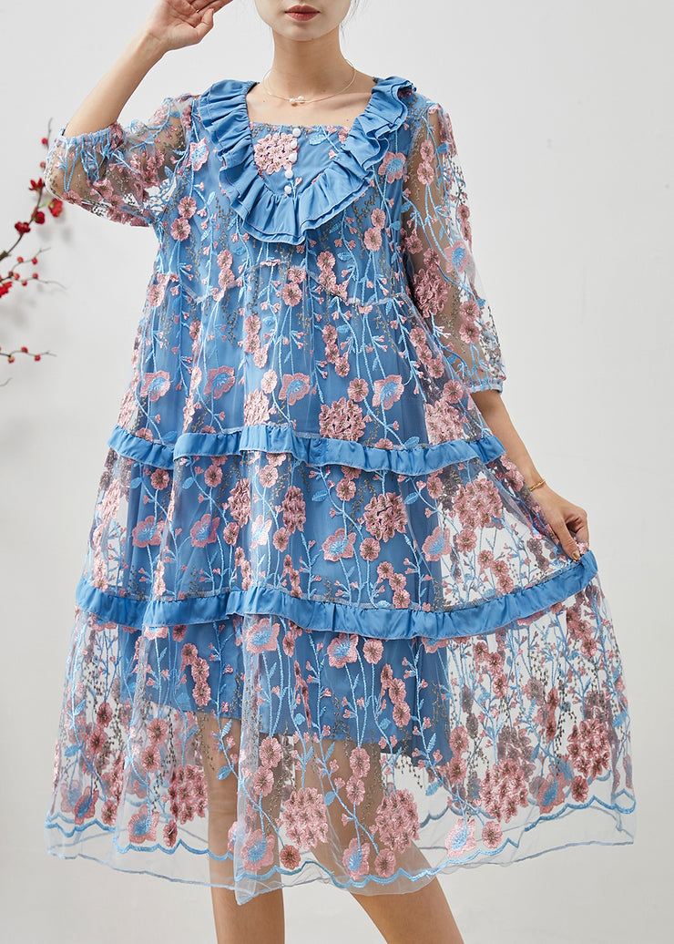 Organic Blue Embroidered Ruffles Tulle Dress Summer