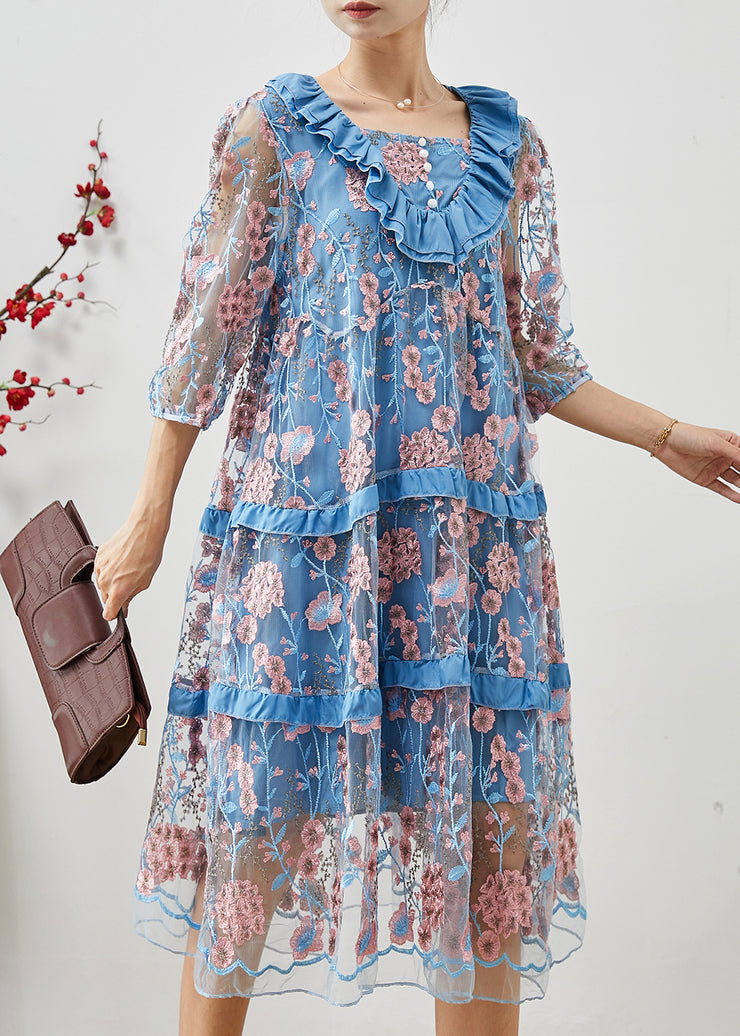 Organic Blue Embroidered Ruffles Tulle Dress Summer