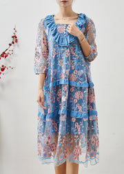 Organic Blue Embroidered Ruffles Tulle Dress Summer