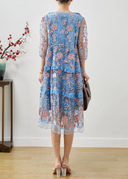 Organic Blue Embroidered Ruffles Tulle Dress Summer