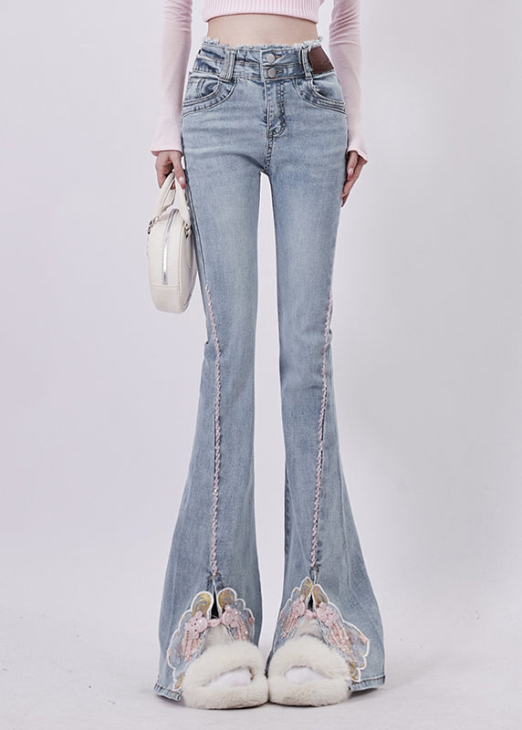 Organic Blue Embroidered Side Open Denim Bell-bottom Trousers Spring