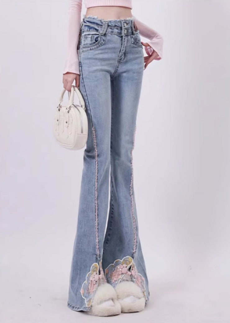 Organic Blue Embroidered Side Open Denim Bell-bottom Trousers Spring