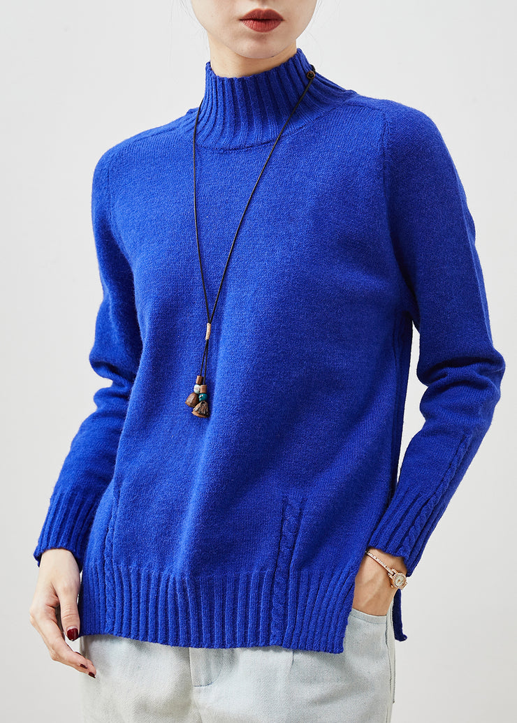Organic Blue High Neck Side Open Knit Sweater Spring