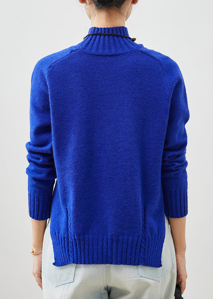 Organic Blue High Neck Side Open Knit Sweater Spring