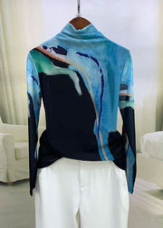 Organic Blue Hign Neck Print Tulle Shirt Tops Winter