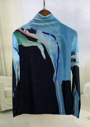 Organic Blue Hign Neck Print Tulle Shirt Tops Winter