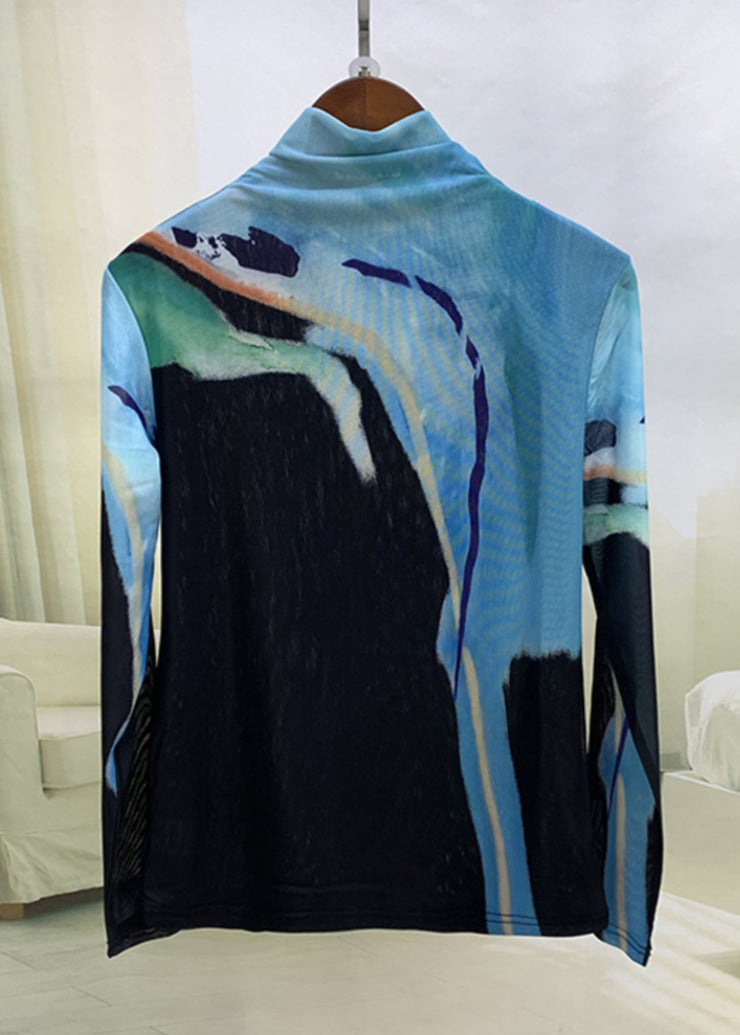 Organic Blue Hign Neck Print Tulle Shirt Tops Winter