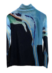 Organic Blue Hign Neck Print Tulle Shirt Tops Winter