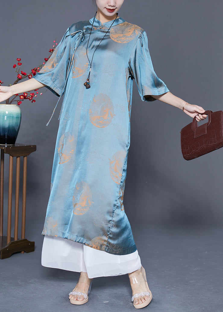 Organic Blue Mandarin Collar Print Lace Up Silk Long Dresses Summer