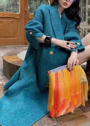 Organic Blue Notched Patchwork Pockets Maxi Woolen Coats Spring