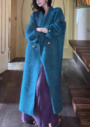 Organic Blue Notched Patchwork Pockets Maxi Woolen Coats Spring