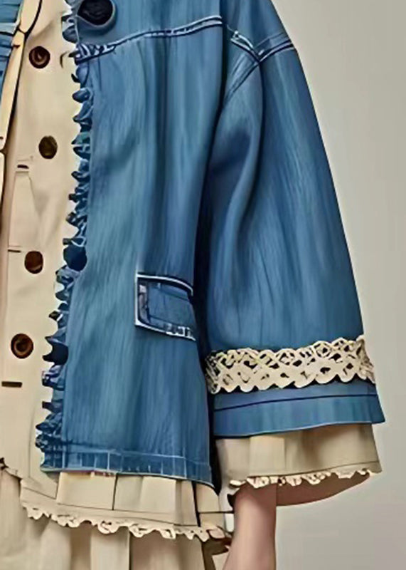 Organic Blue O-Neck Pockets Coat Long Sleeve