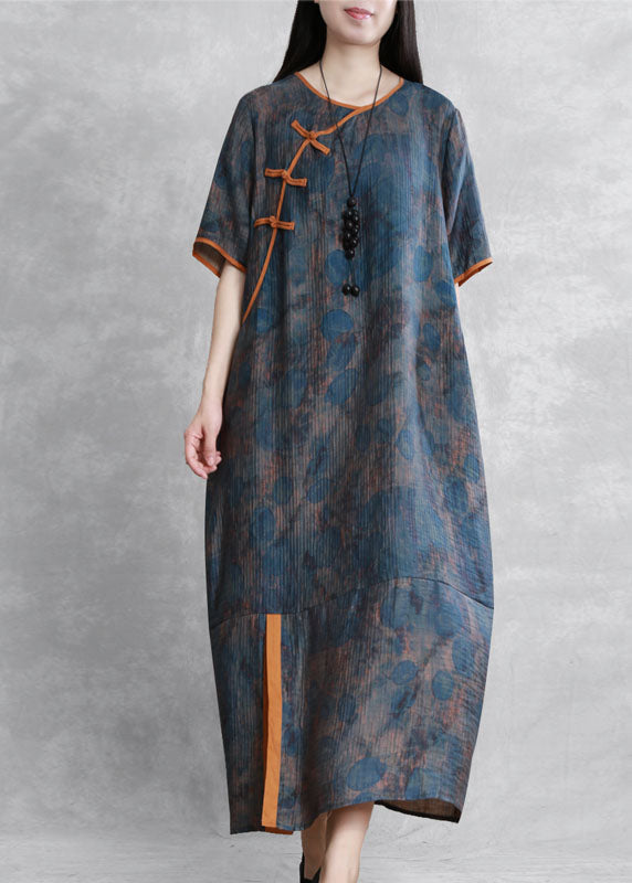 Organic Blue O Neck Print Chinese Button Patchwork Silk Dress Summer