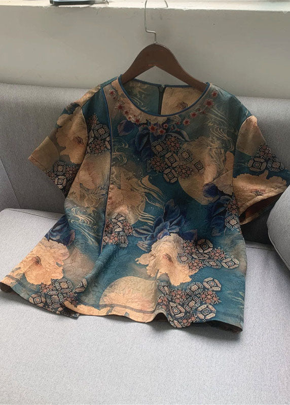 Organic Blue O Neck Print Patchwork Silk Top Summer