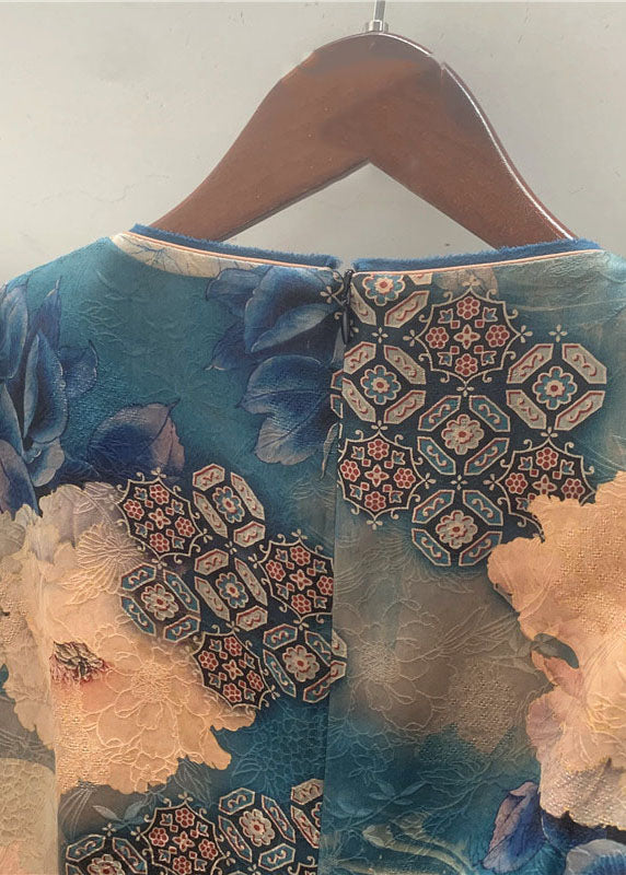 Organic Blue O Neck Print Patchwork Silk Top Summer