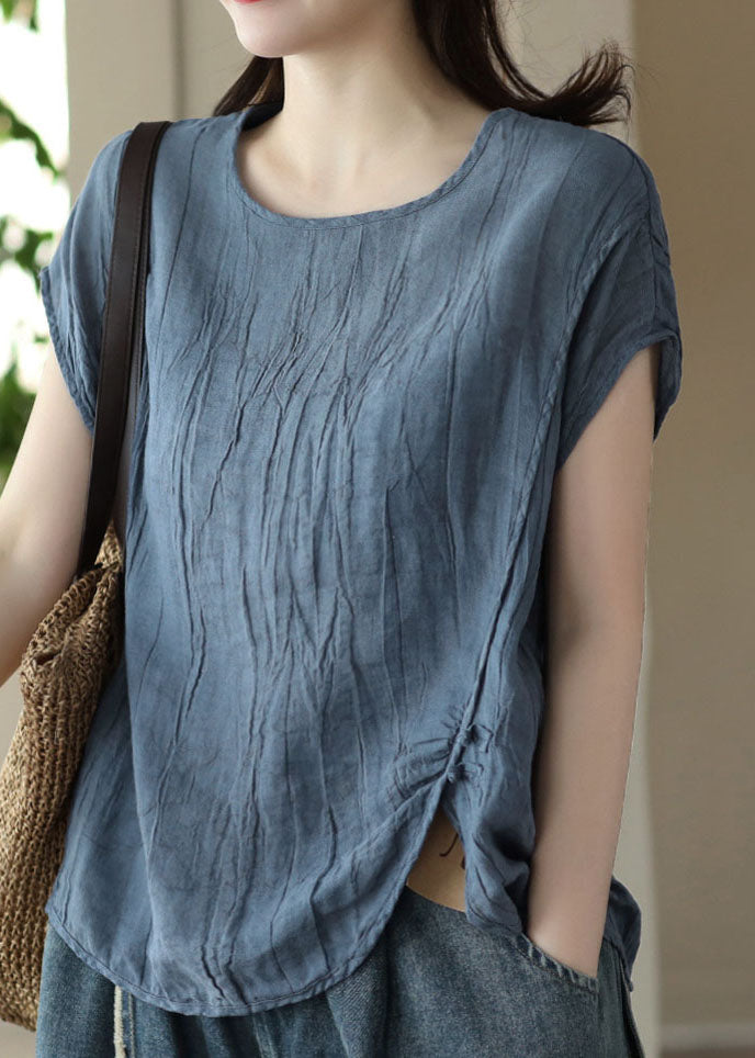 Organic Blue O Neck Wrinkled Patchwork Linen T Shirt Top Short Sleeve