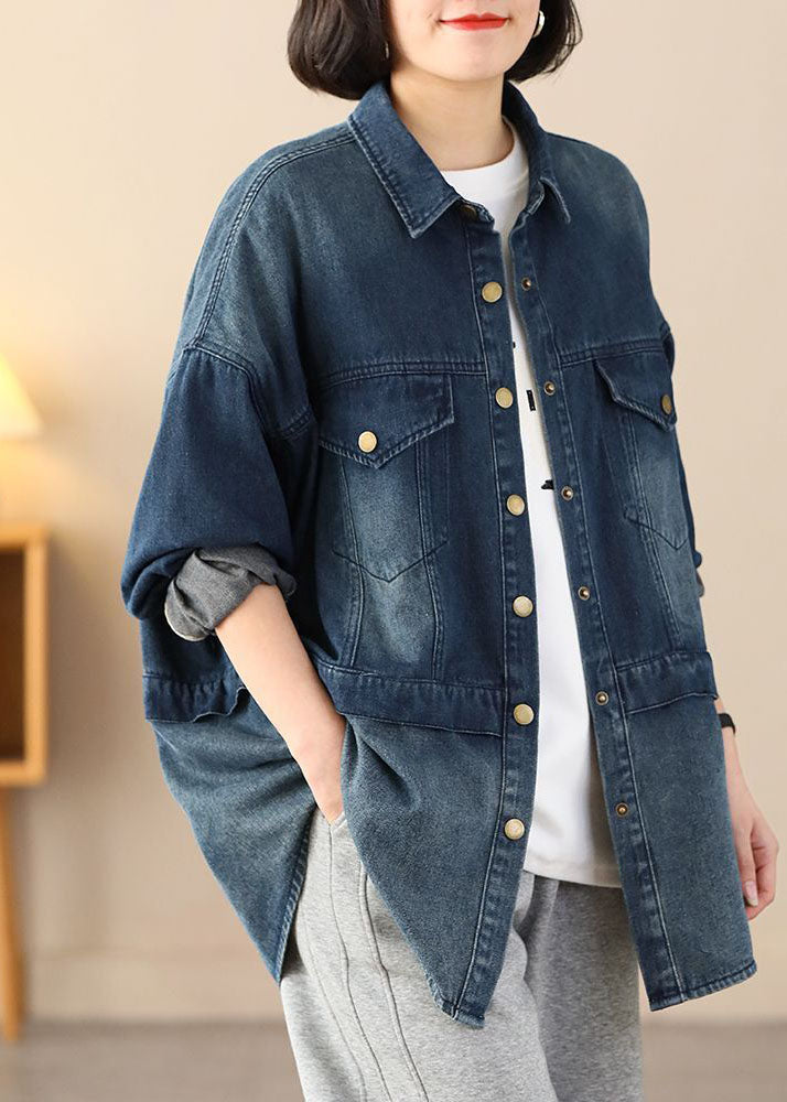 Organic Blue Oversized Patchwork Pockets Cotton Denim Coats Spring