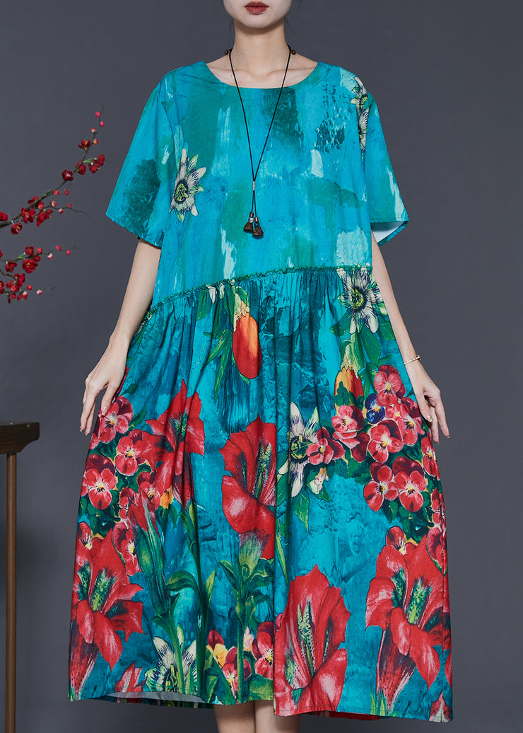 Organic Blue Oversized Print Cotton Maxi Dress Summer