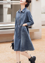 Organic Blue Patchwork Wrinkled Denim Mid Dresses Long Sleeve