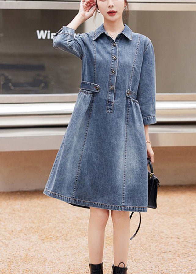 Organic Blue Patchwork Wrinkled Denim Mid Dresses Long Sleeve