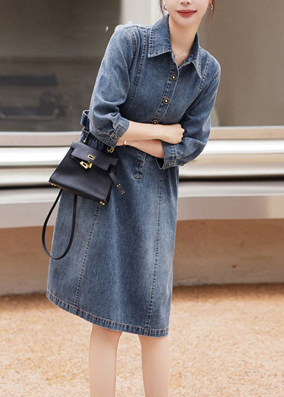 Organic Blue Patchwork Wrinkled Denim Mid Dresses Long Sleeve