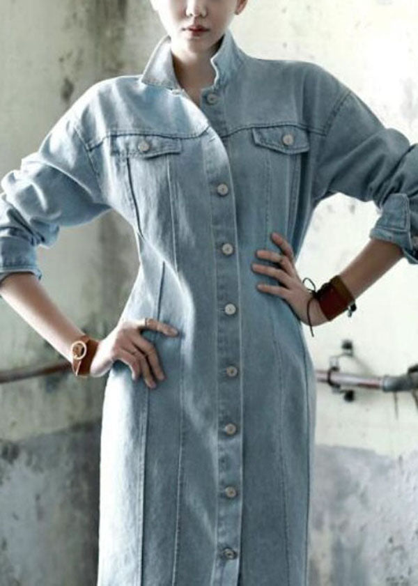 Organic Blue Peter Pan Collar Button Patchwork Denim Dresses Fall