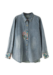 Organic Blue Peter Pan Collar Embroidered Denim Coat Top Fall