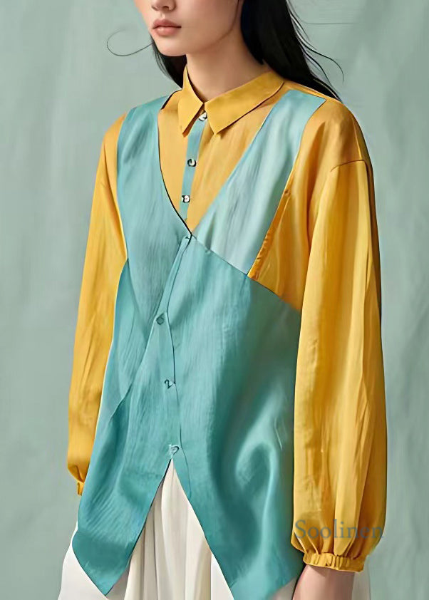 Organic Blue Peter Pan Collar Patchwork Shirts Long Sleeve