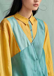 Organic Blue Peter Pan Collar Patchwork Shirts Long Sleeve