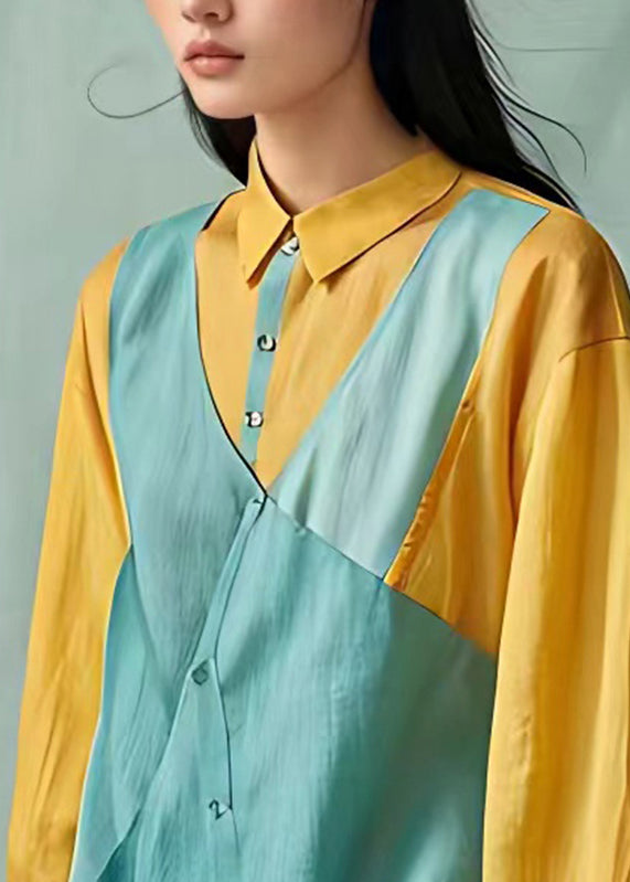 Organic Blue Peter Pan Collar Patchwork Shirts Long Sleeve