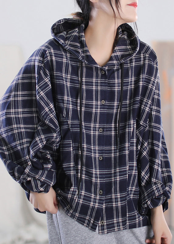 Organic Blue Plaid Drawstring Button Hooded Tops Long Sleeve