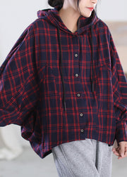 Organic Blue Plaid Drawstring Button Hooded Tops Long Sleeve