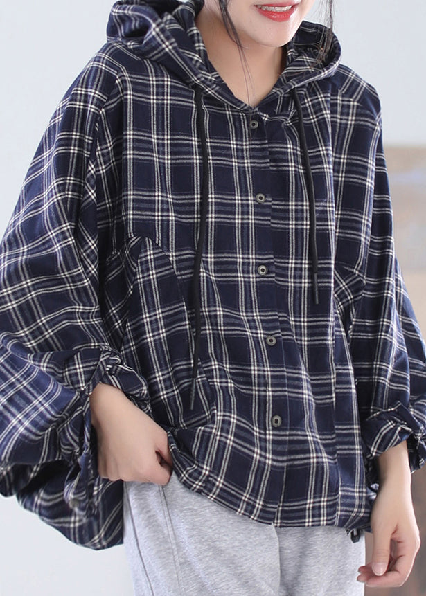 Organic Blue Plaid Drawstring Button Hooded Tops Long Sleeve