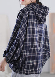 Organic Blue Plaid Drawstring Button Hooded Tops Long Sleeve