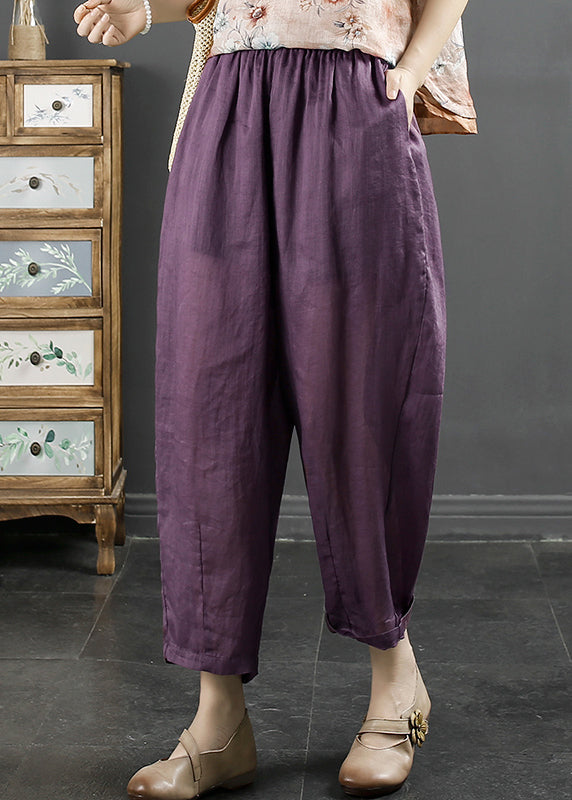 Organic Blue Pockets Elastic Waist Linen Crop Pants Summer