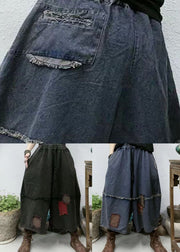 Organic Blue Pockets Patchwork Linen Wide Leg Pants Spring