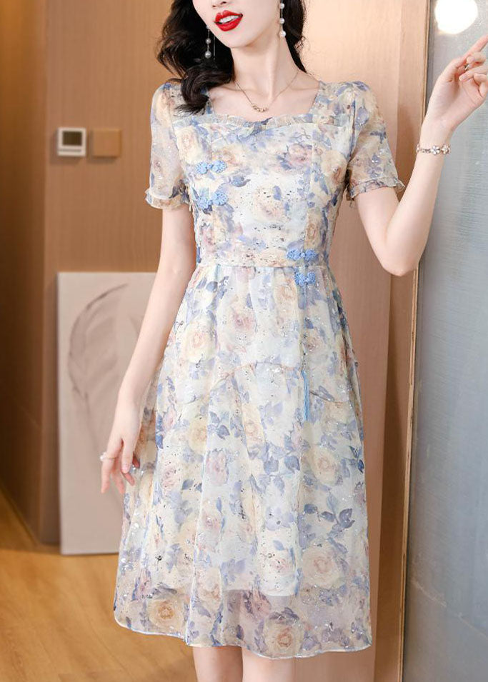 Organic Blue Ruffled Print Chiffon Dresses Summer