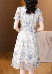Organic Blue Ruffled Print Chiffon Dresses Summer